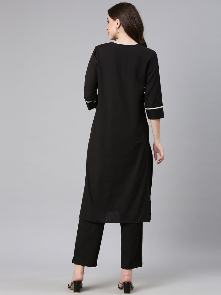 Neerus Black Embroidered Straight Kurta and Trousers