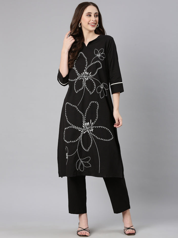 Neerus Black Embroidered Straight Kurta and Trousers