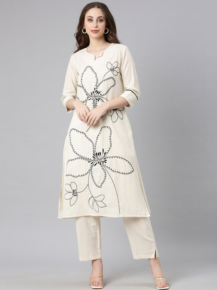 Neerus Off white Embroidered Straight Kurta and Trousers