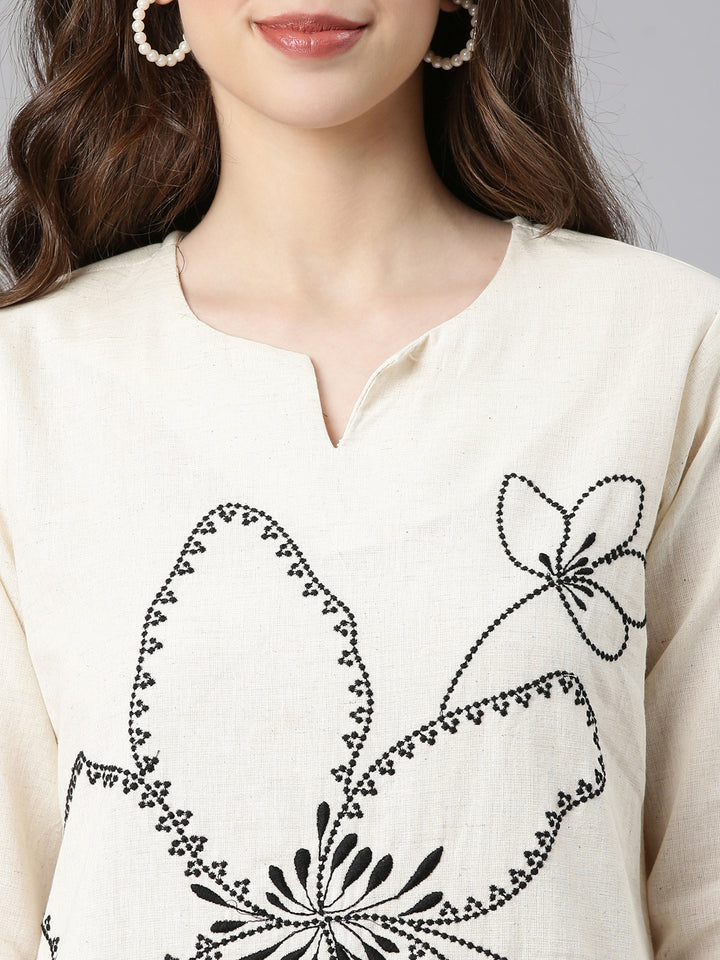 Neerus Off white Embroidered Straight Kurta and Trousers