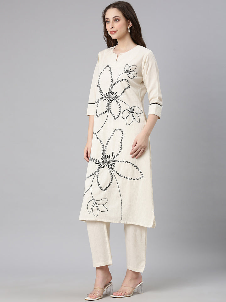 Neerus Off white Embroidered Straight Kurta and Trousers