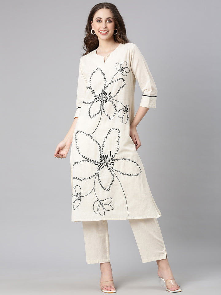 Neerus Off white Embroidered Straight Kurta and Trousers