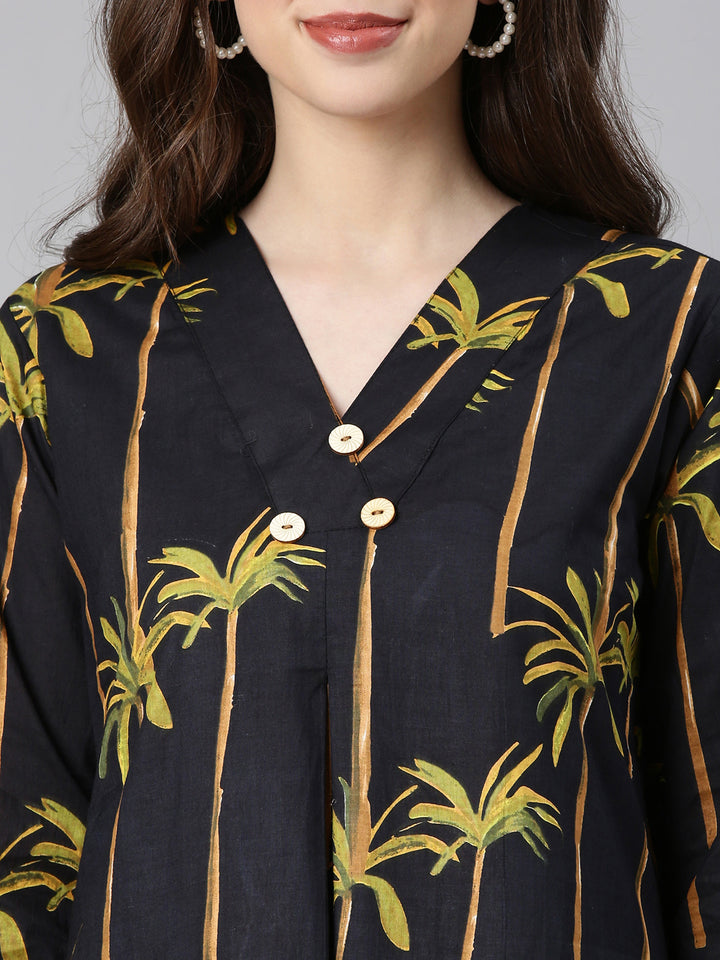 Neerus Black Printed Straight Kurta and Trousers