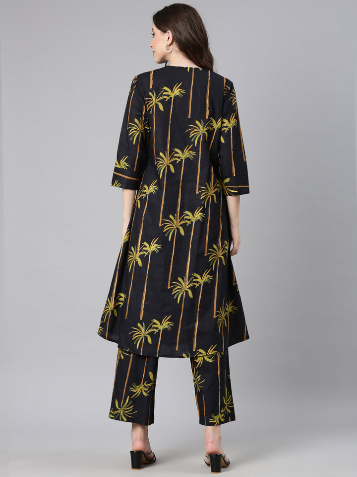 Neerus Black Printed Straight Kurta and Trousers