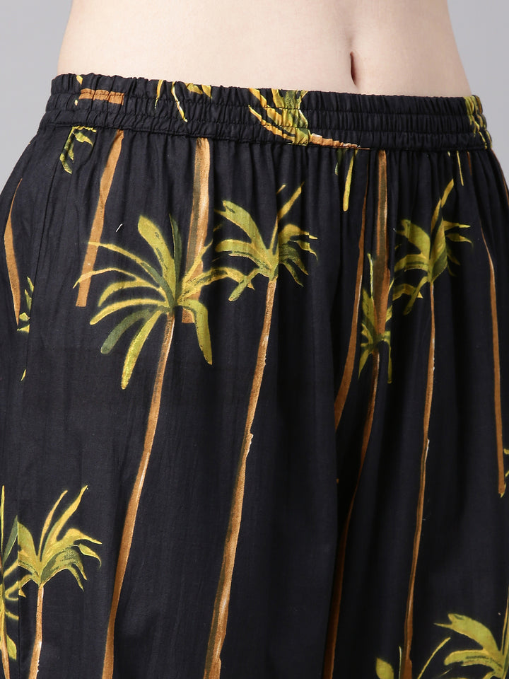 Neerus Black Printed Straight Kurta and Trousers