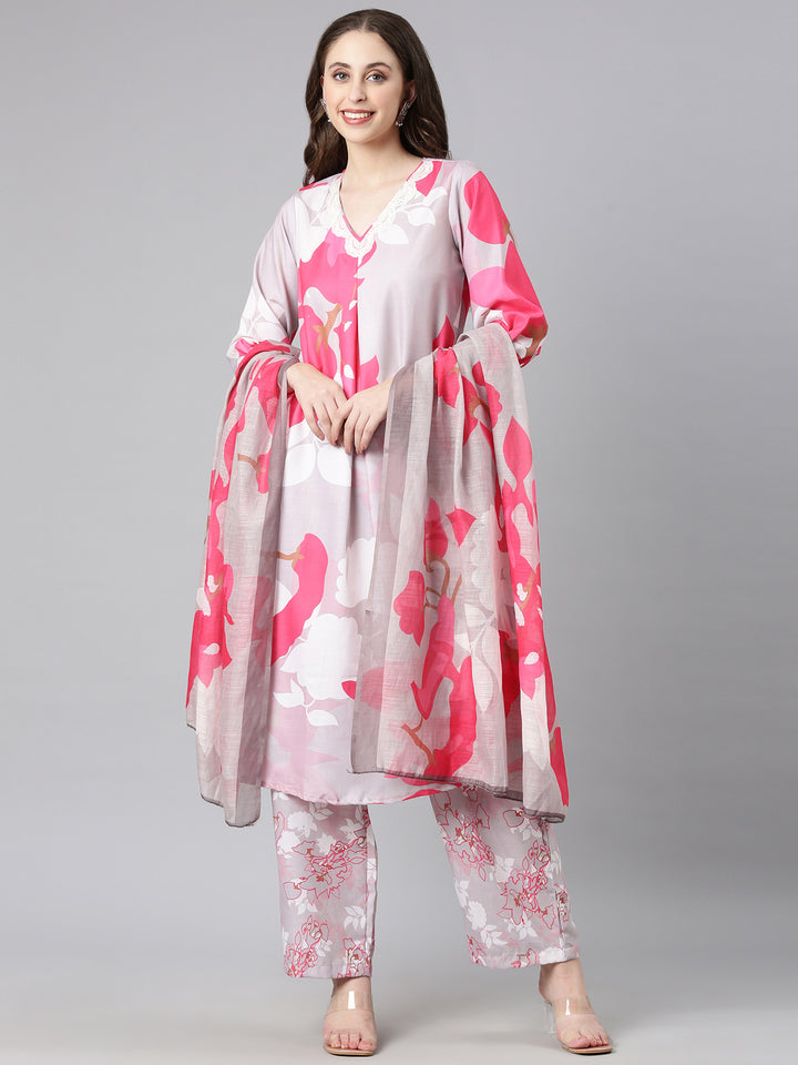 Neerus L gray Printed Straight Kurta and Trousers With Dupatta