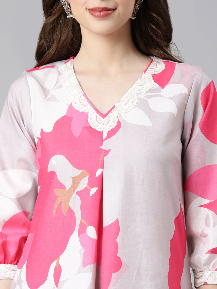 Neerus L gray Printed Straight Kurta and Trousers With Dupatta