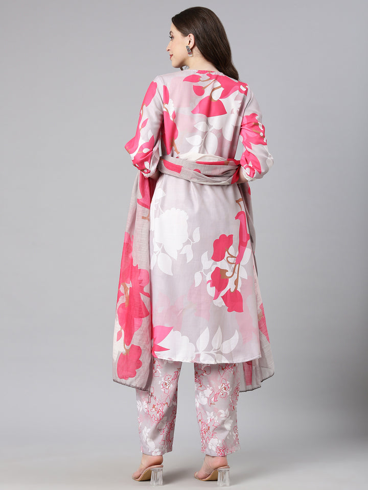 Neerus L gray Printed Straight Kurta and Trousers With Dupatta