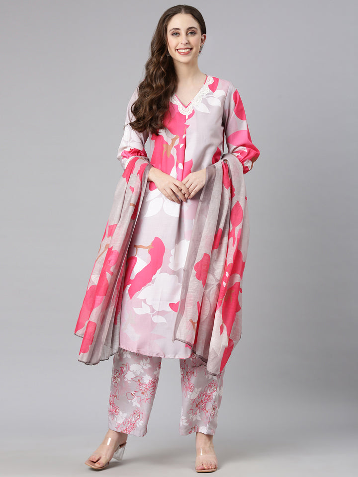 Neerus L gray Printed Straight Kurta and Trousers With Dupatta