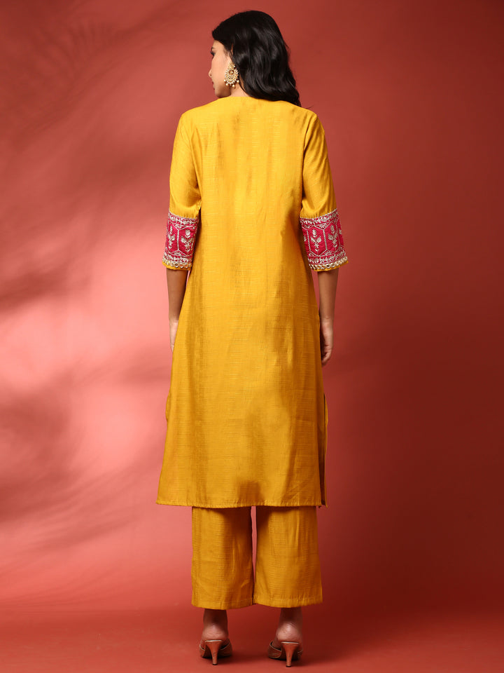 Mustard and Pink Silk Fabric Aari embriodery two piece cord set