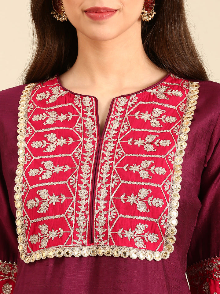 Wine Aari embroirdery two piece silk suit set