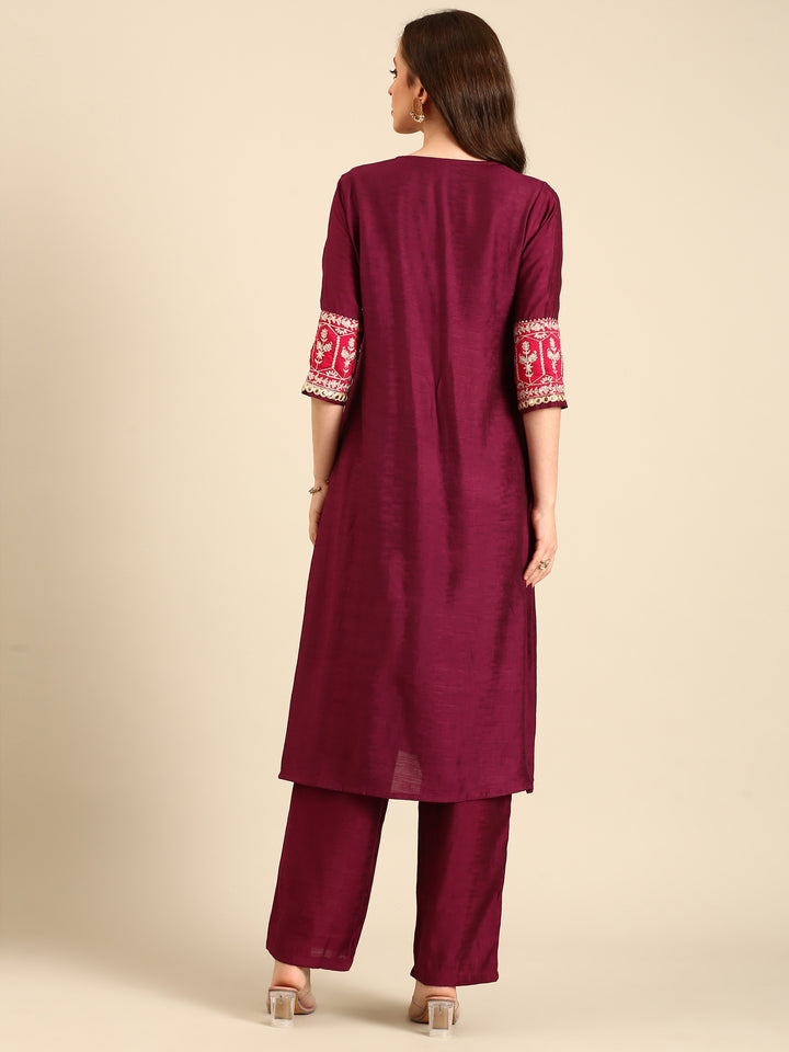 Wine Aari embroirdery two piece silk suit set
