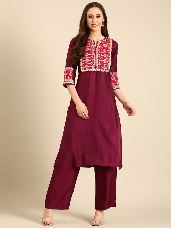 Wine Aari embroirdery two piece silk suit set