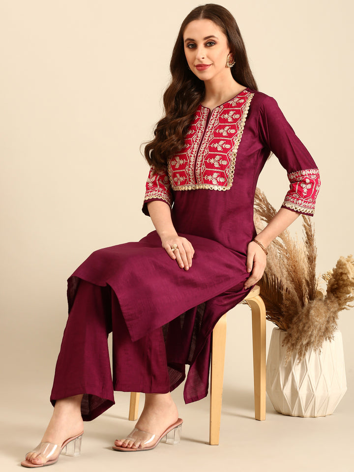 Wine Aari embroirdery two piece silk suit set
