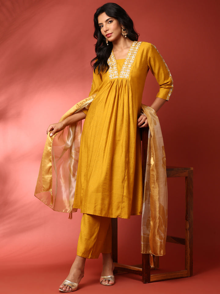 Mustard Silk embroidered three piece suit set