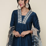 Muslin Midnight Blue embroidered Three piece suit set