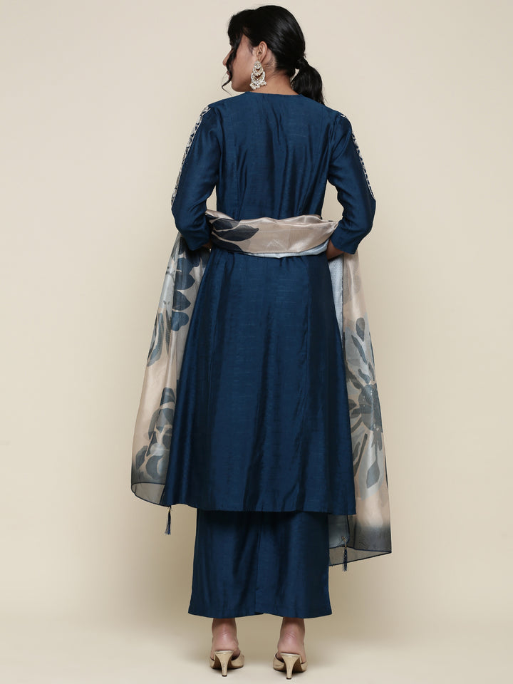 Muslin Midnight Blue embroidered Three piece suit set