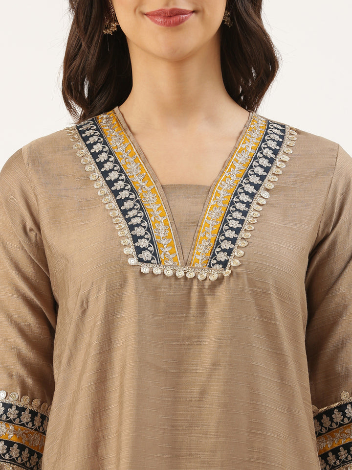 Beige Modal Silk Three Piece Suit Set