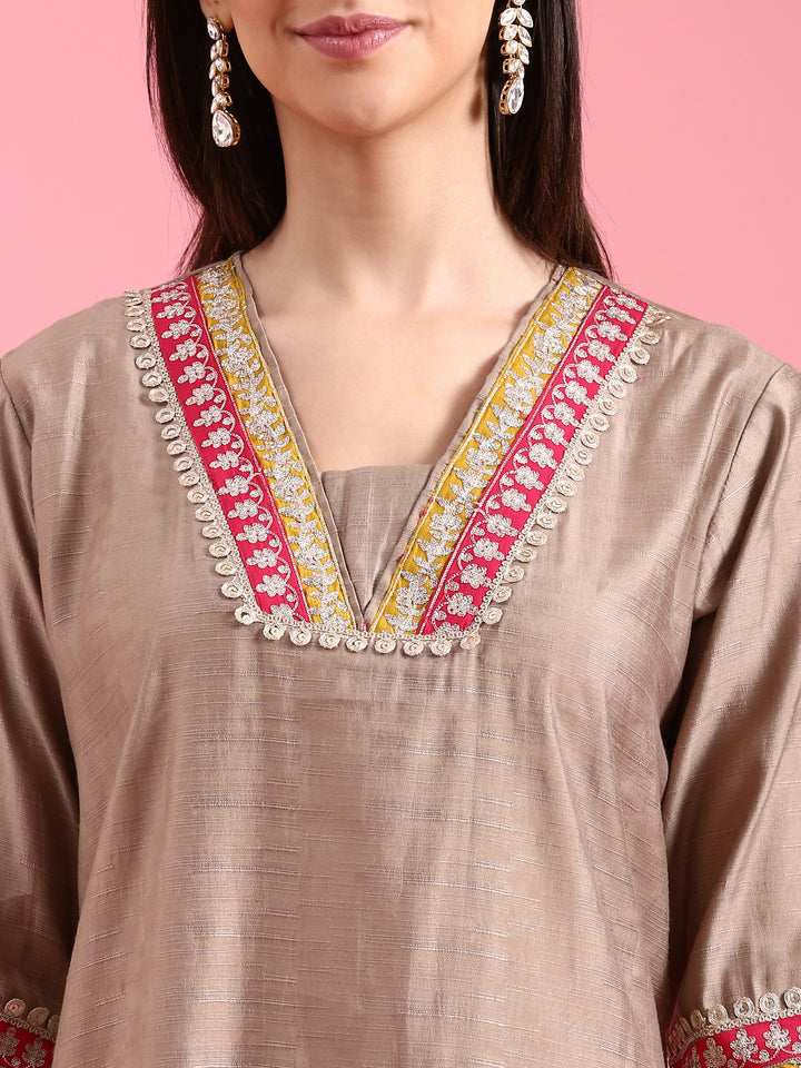 Beige Modal Silk Three Piece Suit Set