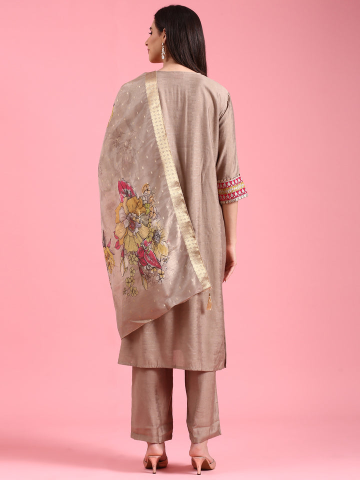 Beige Modal Silk Three Piece Suit Set