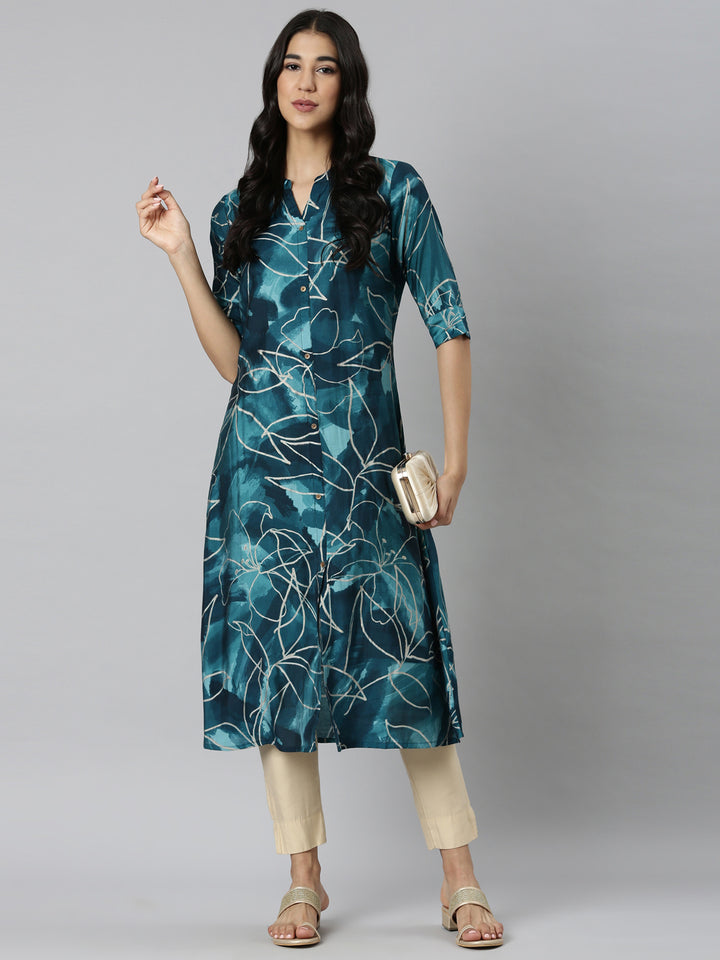 Neerus Blue Casual Floral Straight Kurtas