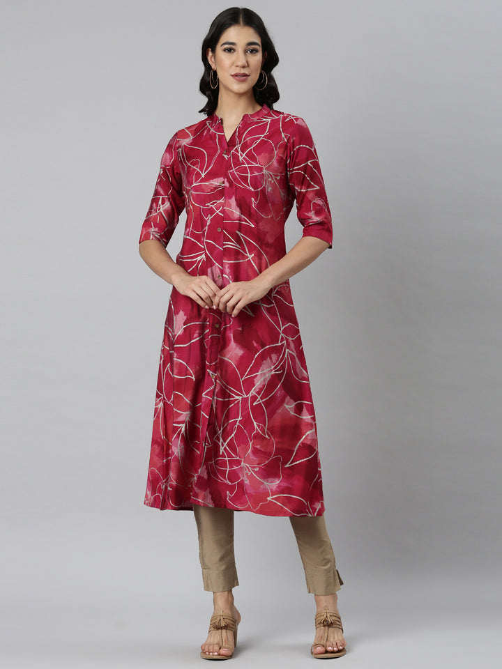 Neerus Purple Casual Floral Straight Kurtas