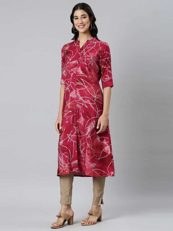 Neerus Purple Casual Floral Straight Kurtas