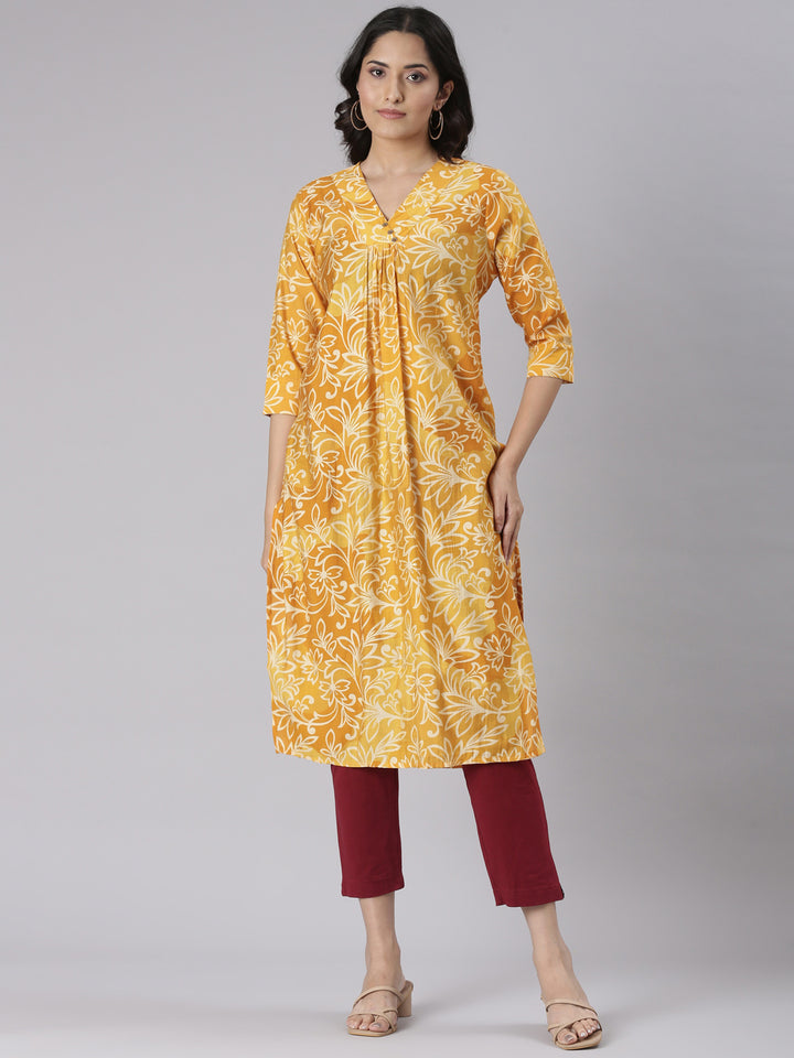 Neerus Mustard Casual Floral Straight Kurtas