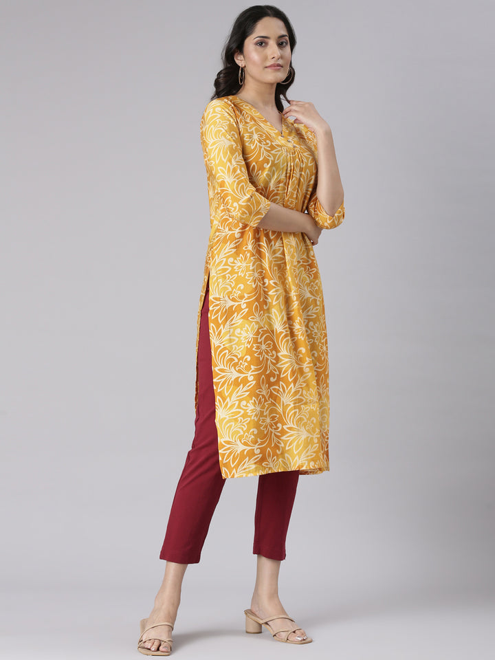 Neerus Mustard Casual Floral Straight Kurtas