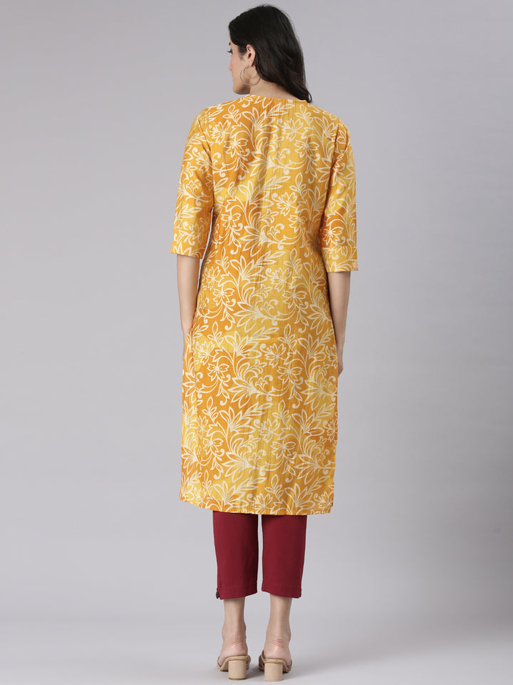 Neerus Mustard Casual Floral Straight Kurtas