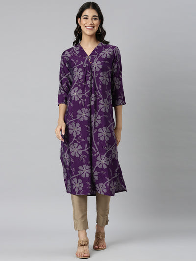 Neerus Purple Casual Bandhani Straight Kurtas