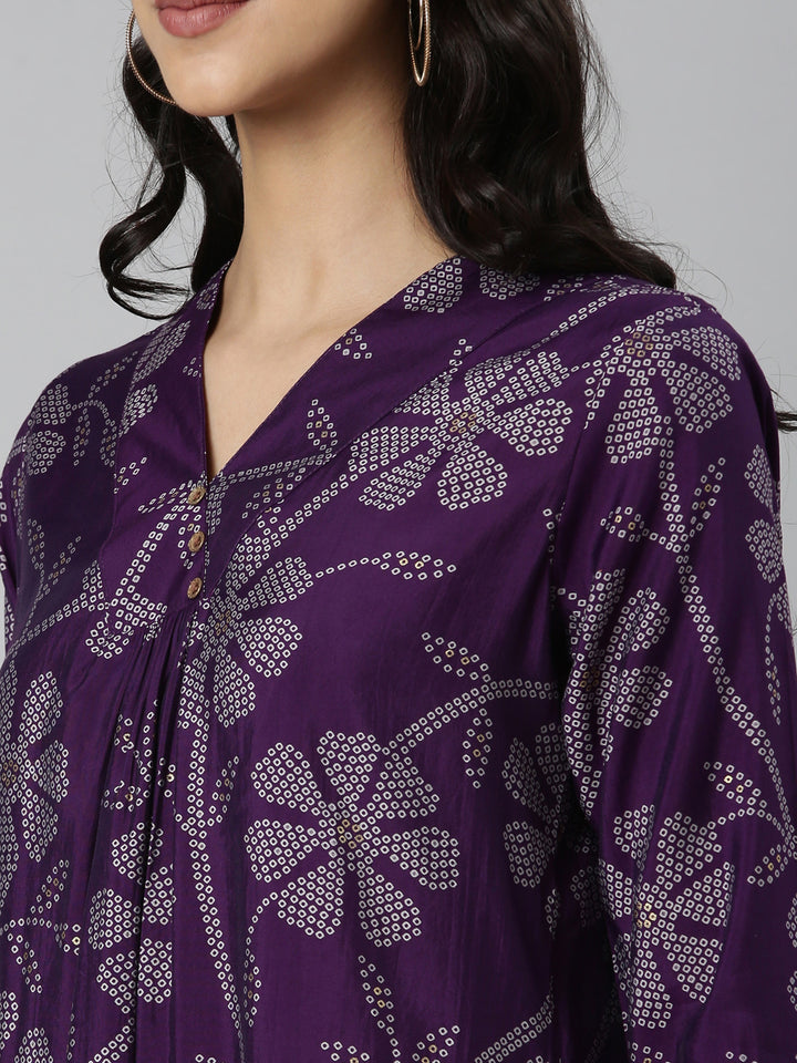 Neerus Purple Casual Bandhani Straight Kurtas
