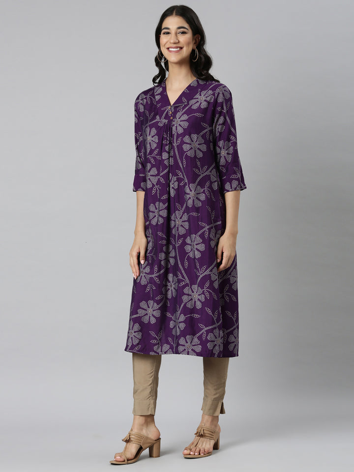 Neerus Purple Casual Bandhani Straight Kurtas