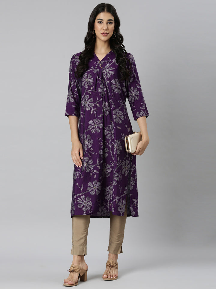 Neerus Purple Casual Bandhani Straight Kurtas