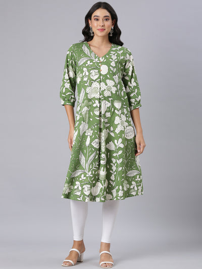 Neerus Green A-Line Casual Floral Kurtas