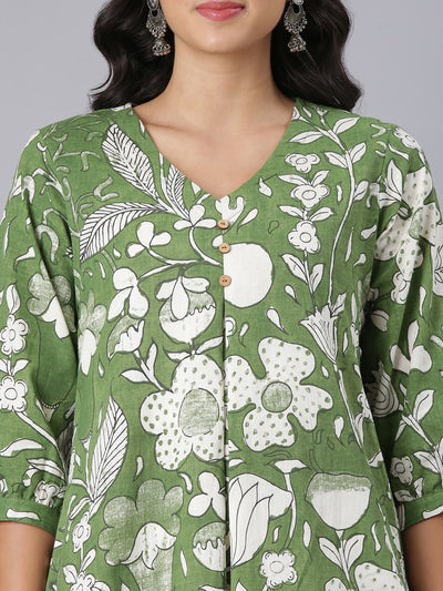 Neerus Green A-Line Casual Floral Kurtas