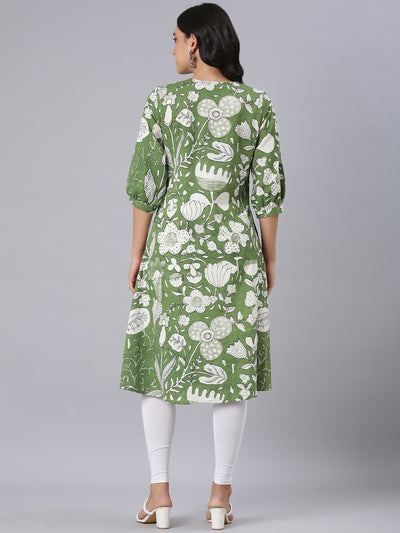 Neerus Green A-Line Casual Floral Kurtas