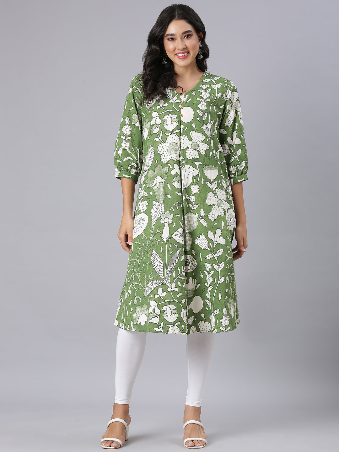 Neerus Green A-Line Casual Floral Kurtas