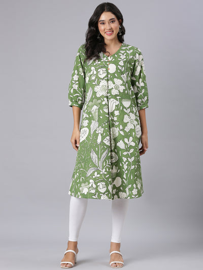 Neerus Green A-Line Casual Floral Kurtas