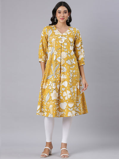 Neerus Mustard A-Line Casual Floral Kurtas