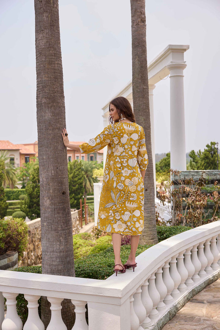 Neerus Mustard A-Line Casual Floral Kurtas