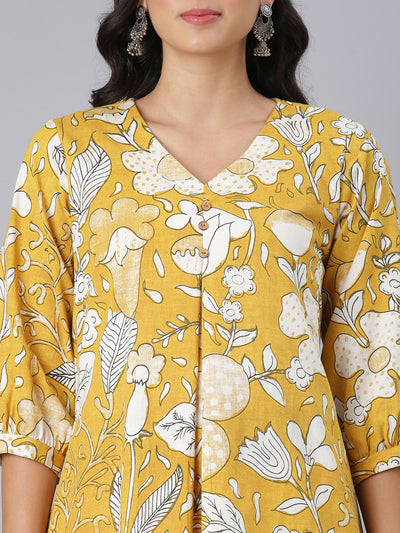 Neerus Mustard A-Line Casual Floral Kurtas