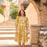 Neerus Mustard A-Line Casual Floral Kurtas