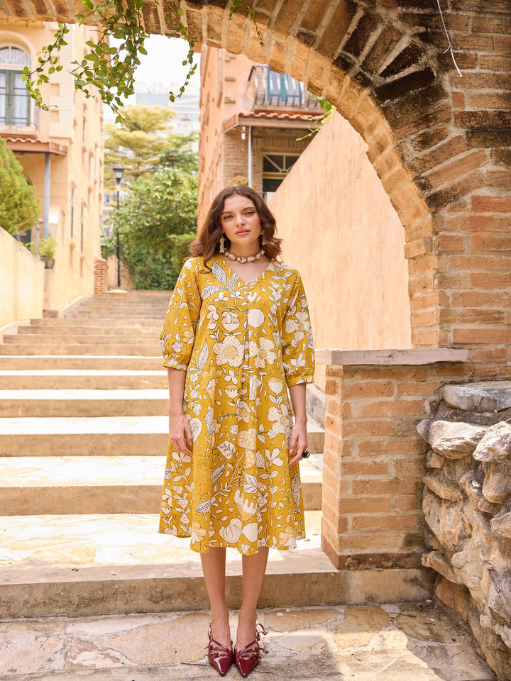 Neerus Mustard A-Line Casual Floral Kurtas