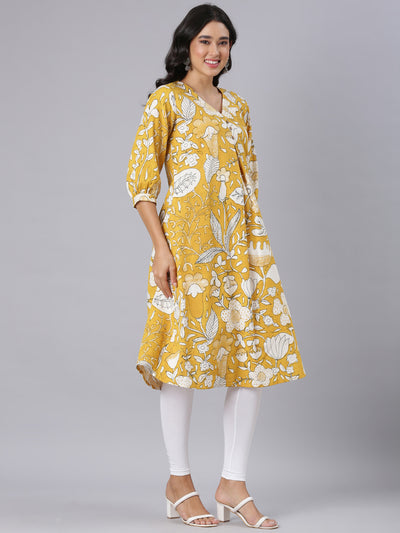 Neerus Mustard A-Line Casual Floral Kurtas
