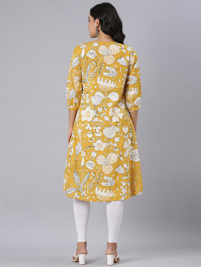 Neerus Mustard A-Line Casual Floral Kurtas