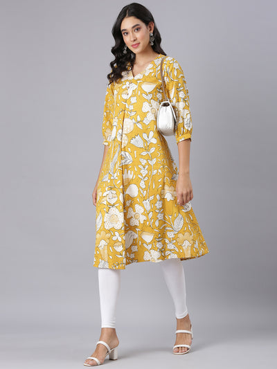 Neerus Mustard A-Line Casual Floral Kurtas