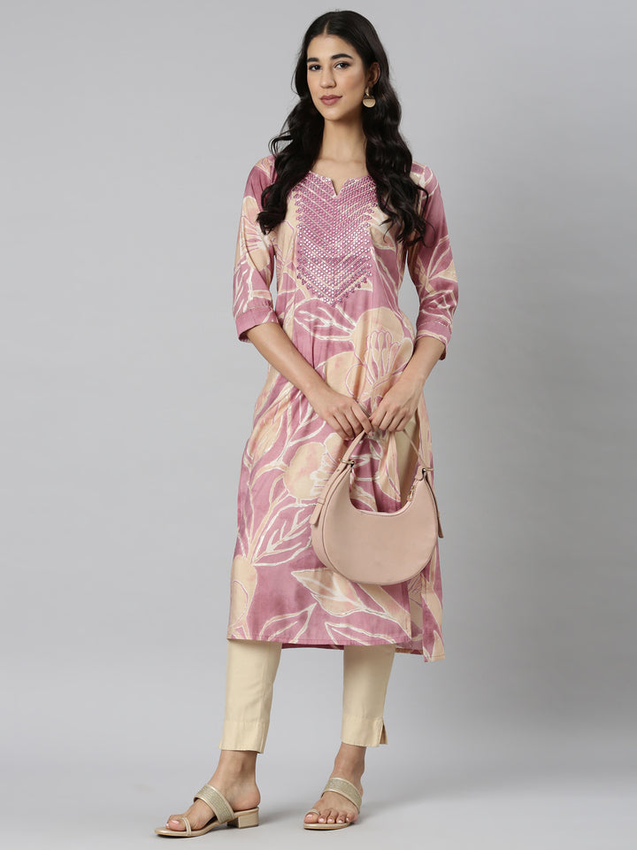 Neerus Pink Casual Floral Straight Kurtas