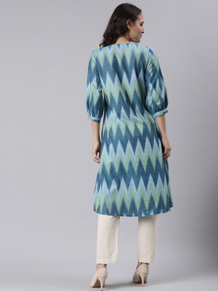 Blue Cotton Ikat Printed Kurta
