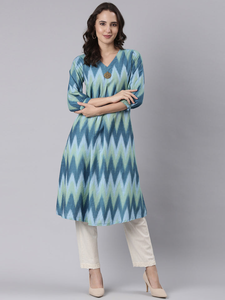 Blue Cotton Ikat Printed Kurta